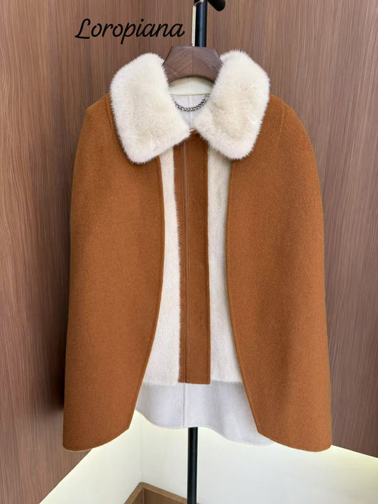 Loropiana Cashmere Cape Coat with Fur Trim for Women