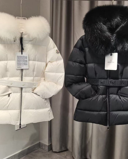 Moncler Belted Down Jacket with Fur Hood