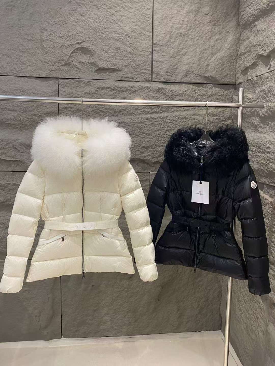 Moncler Belted Down Jacket with Fur Hood