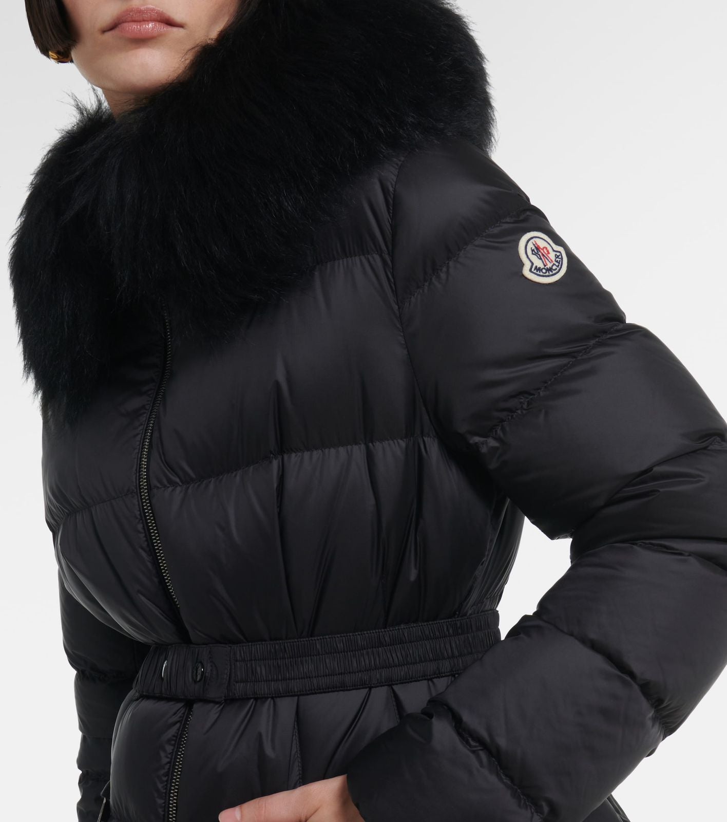 Moncler Belted Down Jacket with Fur Hood