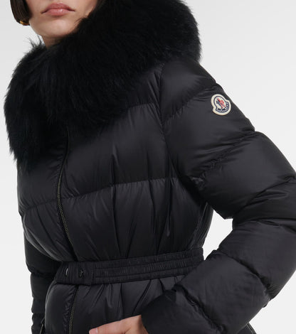 Moncler Belted Down Jacket with Fur Hood