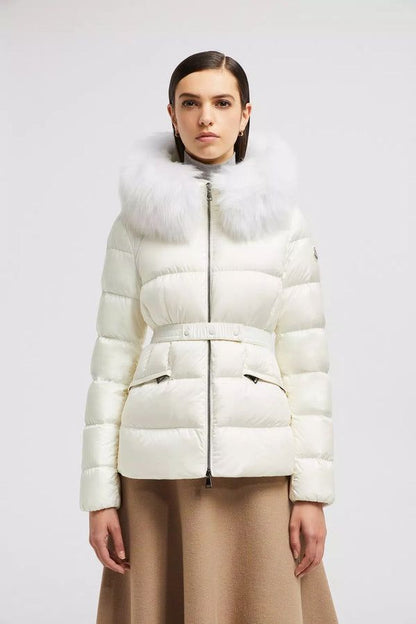Moncler Belted Down Jacket with Fur Hood