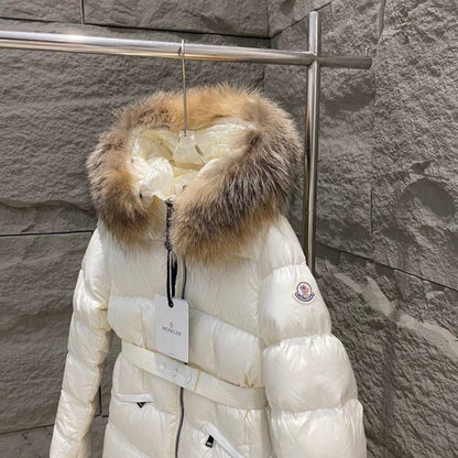 Moncler Belted Down Jacket with Fur Trim Hood