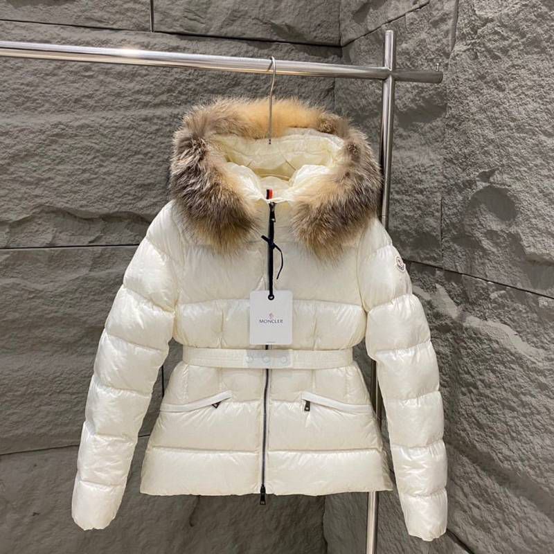 Moncler Belted Down Jacket with Fur Trim Hood