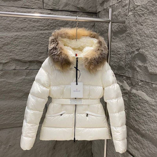 Moncler Belted Down Jacket with Fur Trim Hood