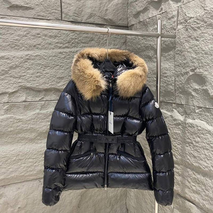 Moncler Belted Down Jacket with Fur Trim Hood