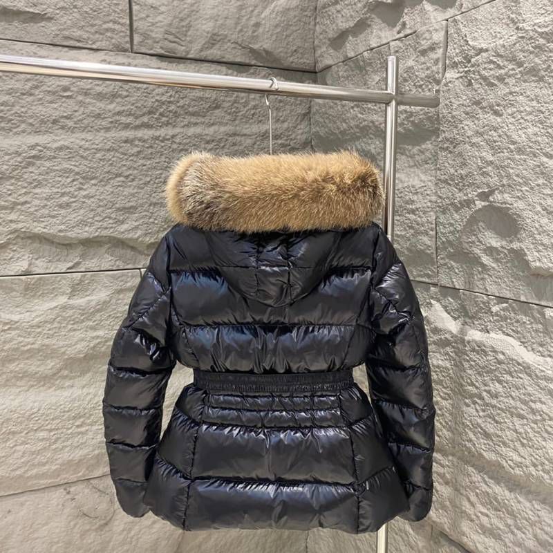 Moncler Belted Down Jacket with Fur Trim Hood