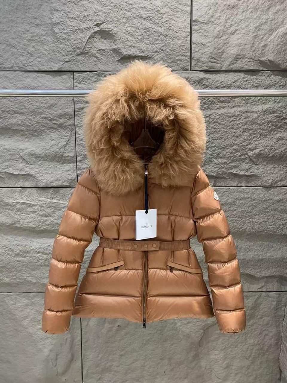 Moncler Belted Down Jacket with Fur Trim Hood