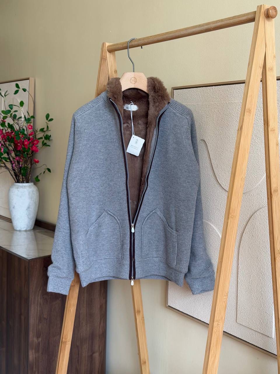 Brunelo Fur-Lined Knit Zip Jacket