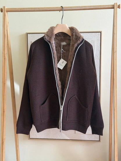 Brunelo Fur-Lined Knit Zip Jacket