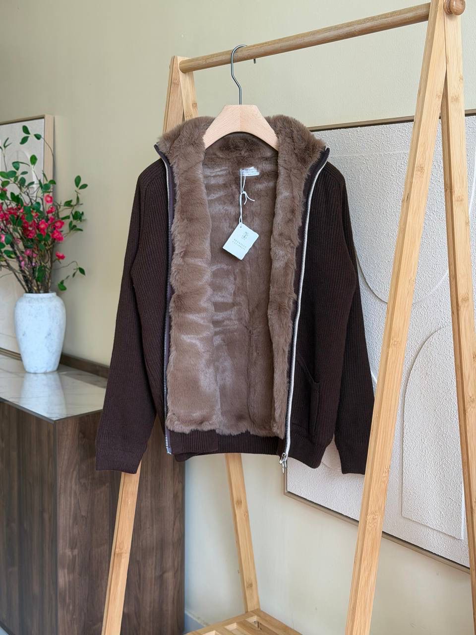 Brunelo Fur-Lined Knit Zip Jacket