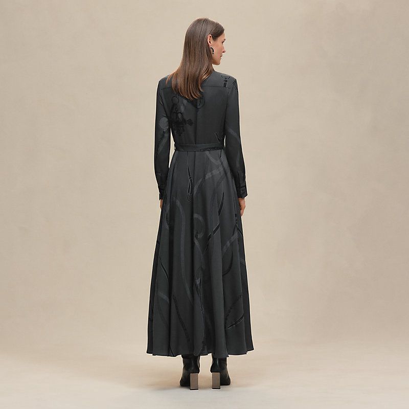 Hermes Elegant Silk Belted Long Dress