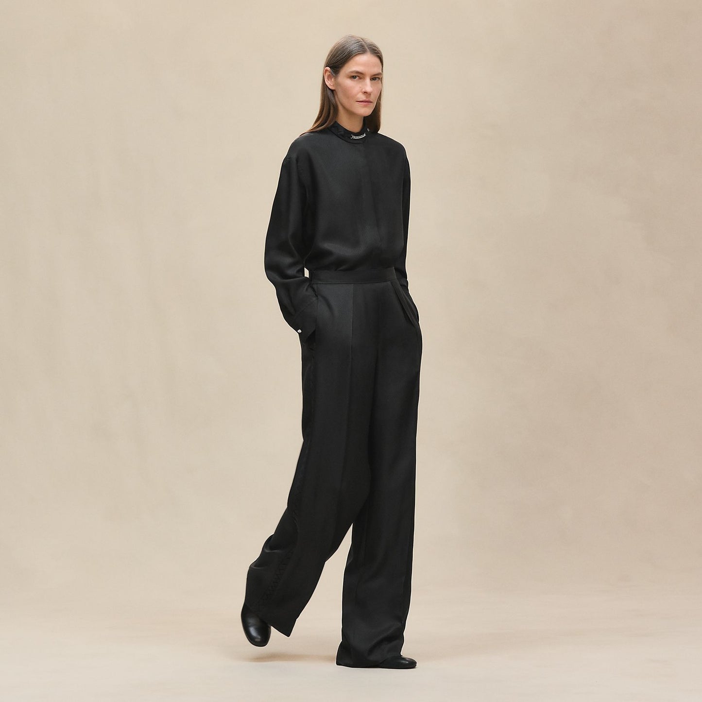 Hermes Elegant Silk Blouse & Wide-Leg Pants Set