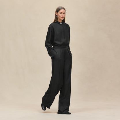 Hermes Elegant Silk Blouse & Wide-Leg Pants Set