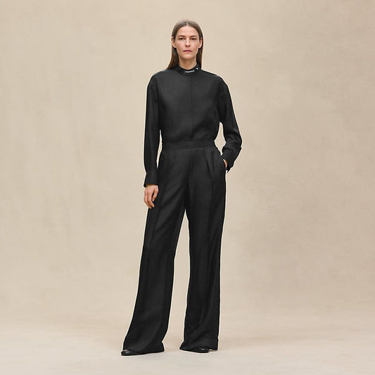 Hermes Elegant Silk Blouse & Wide-Leg Pants Set