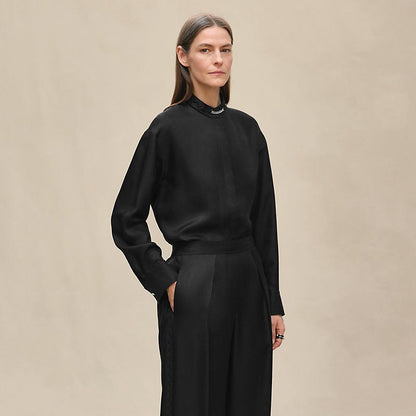 Hermes Elegant Silk Blouse & Wide-Leg Pants Set