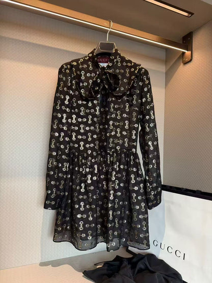 Gucci Elegant Bow Collar Belted Dress