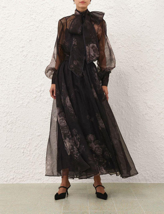 Zimmermann Sheer Floral Tie-Neck Maxi Dress