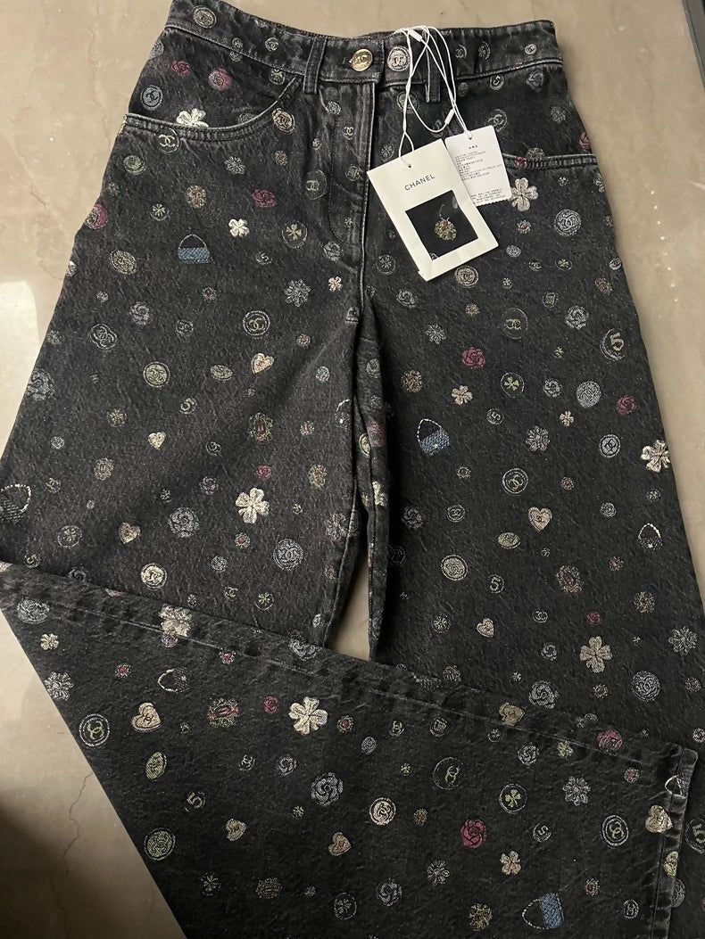 Chanel Icon Print Straight Leg Jeans