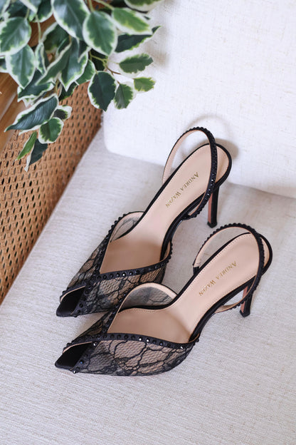 Andrea Wazen Lace Peep Toe Slingback Stiletto Pumps