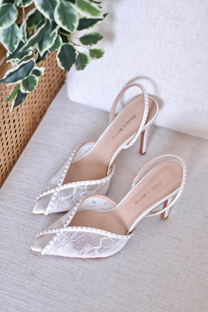 Andrea Wazen Lace Peep Toe Slingback Stiletto Pumps