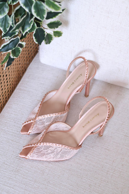 Andrea Wazen Lace Peep Toe Slingback Stiletto Pumps