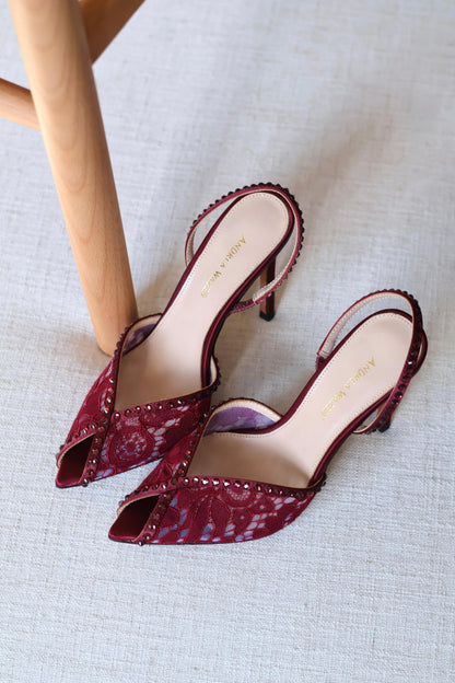 Andrea Wazen Lace Peep Toe Slingback Stiletto Pumps