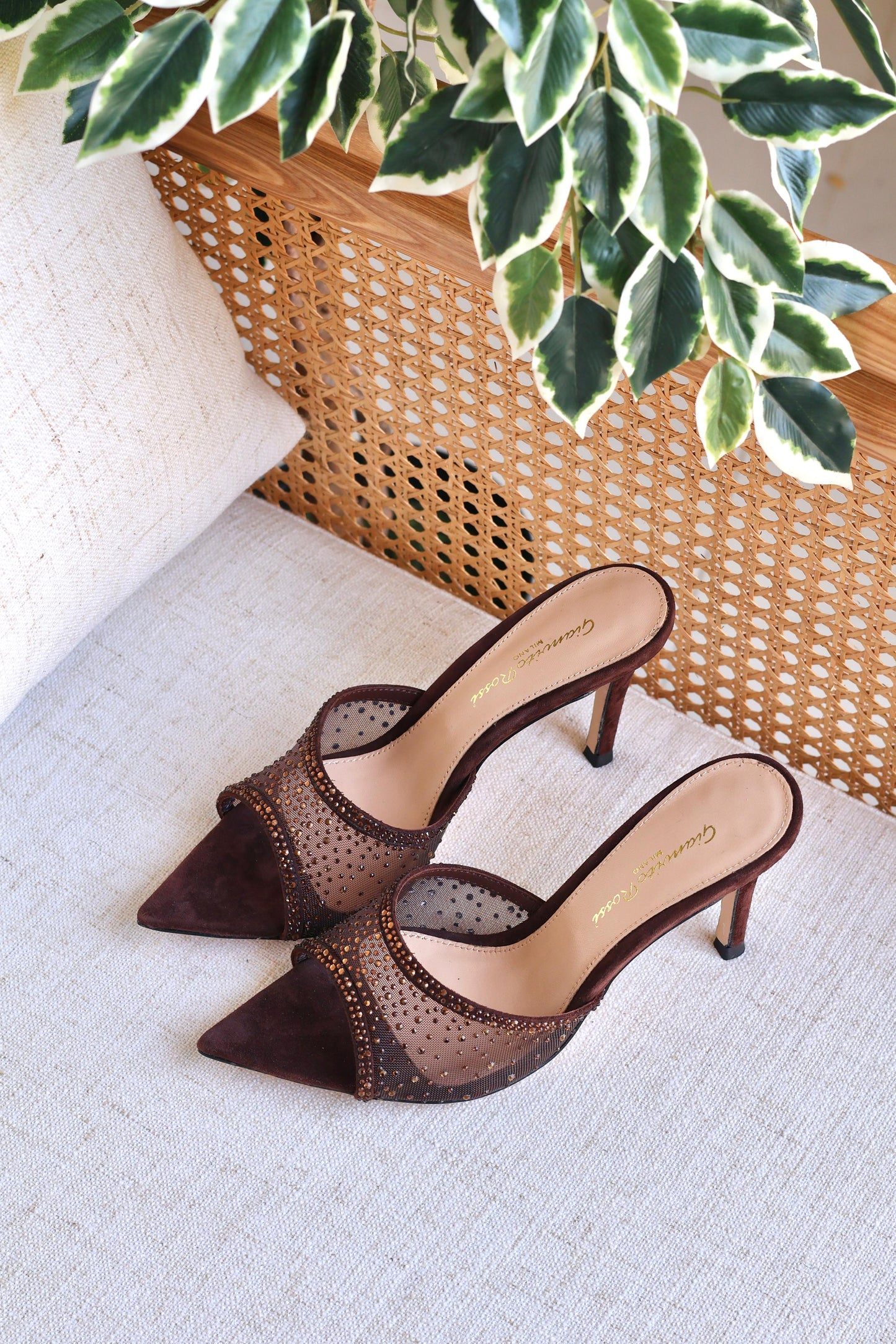 Gianvito Rossi Crystal Mesh Pointed Toe Mule Heels