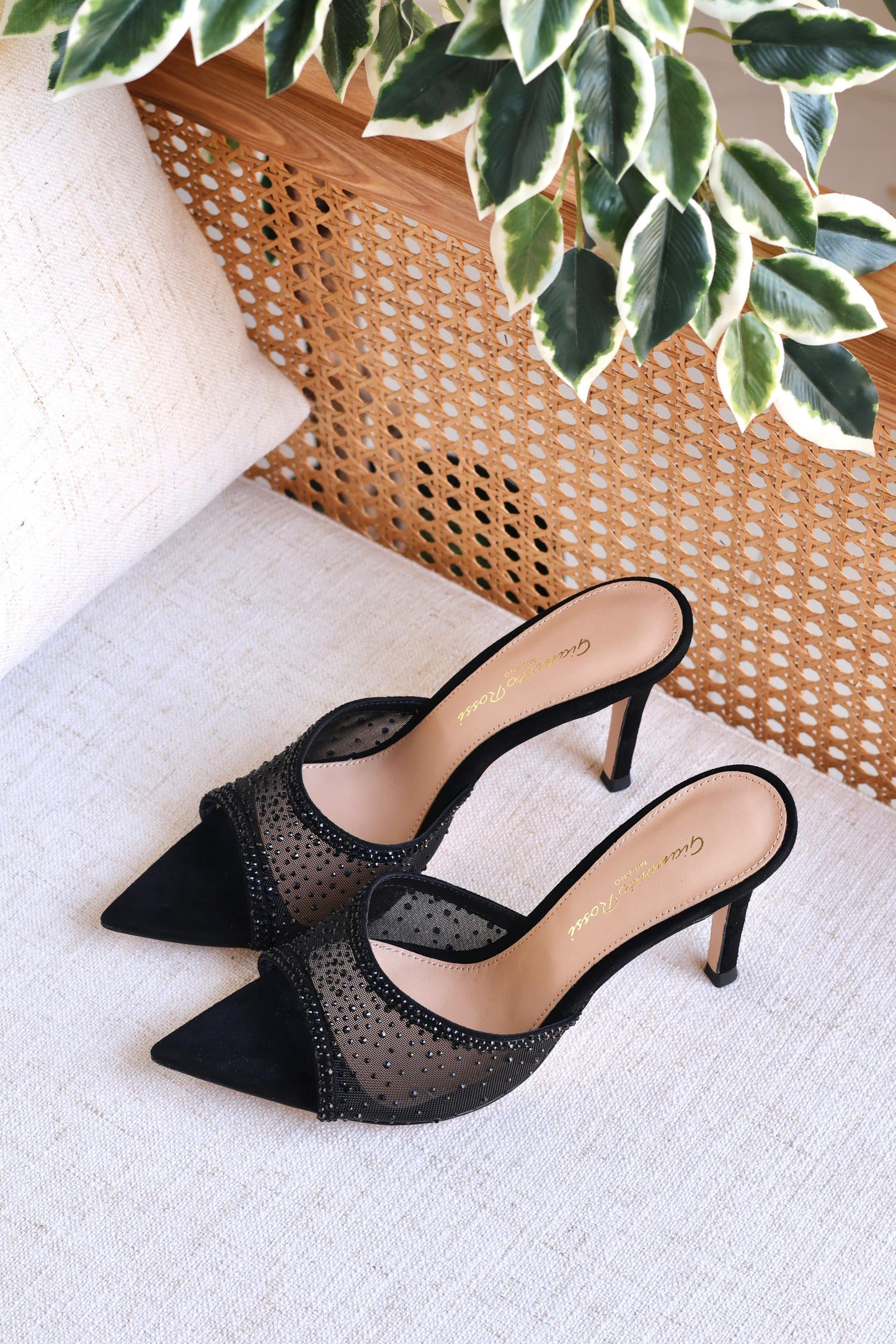 Gianvito Rossi Crystal Mesh Pointed Toe Mule Heels