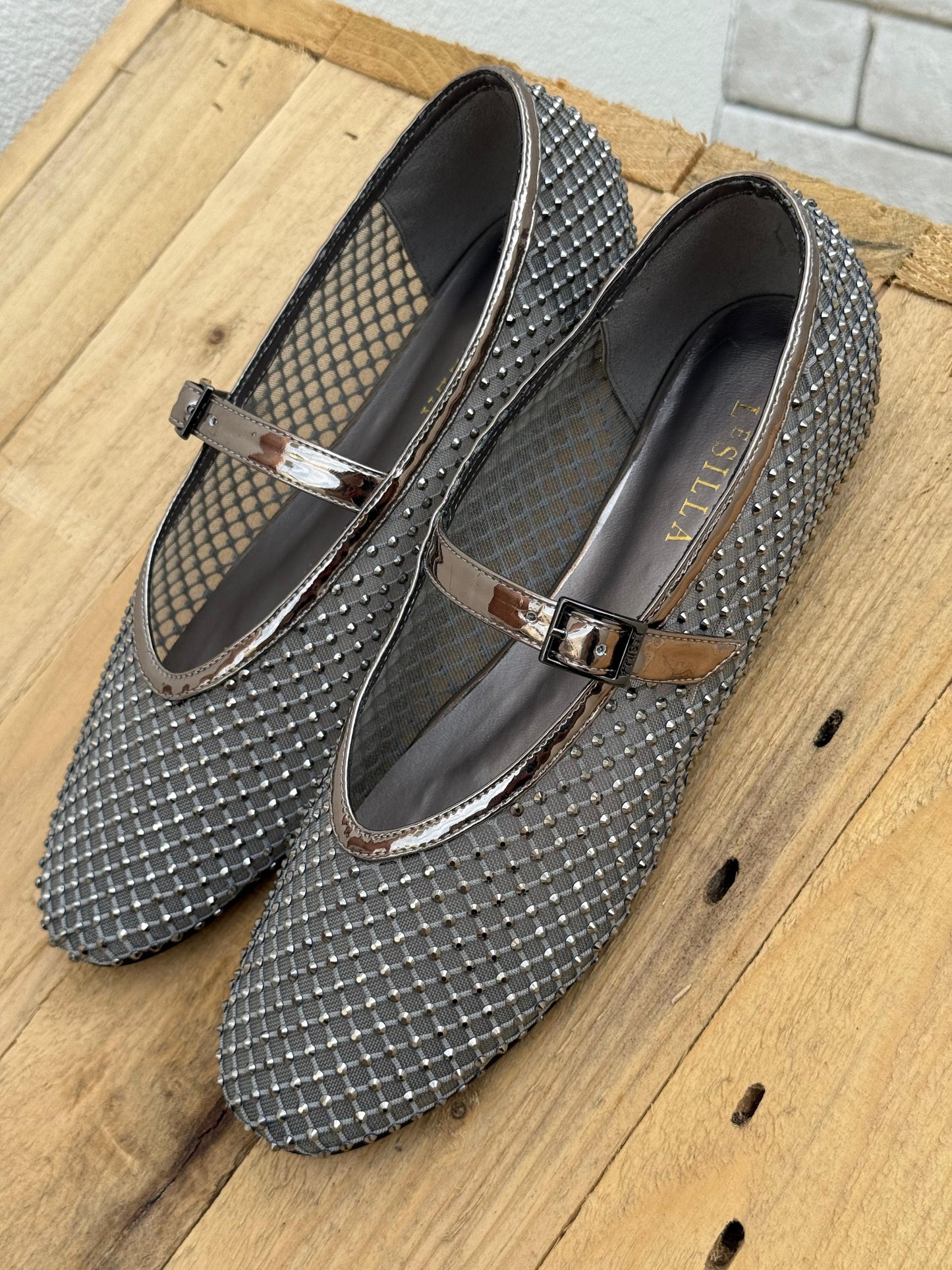 Le Silla Pewter Fishnet Ballerinas