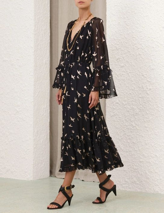 Zimmermann Bird Print Tiered Ruffle Long Sleeve Maxi Dress