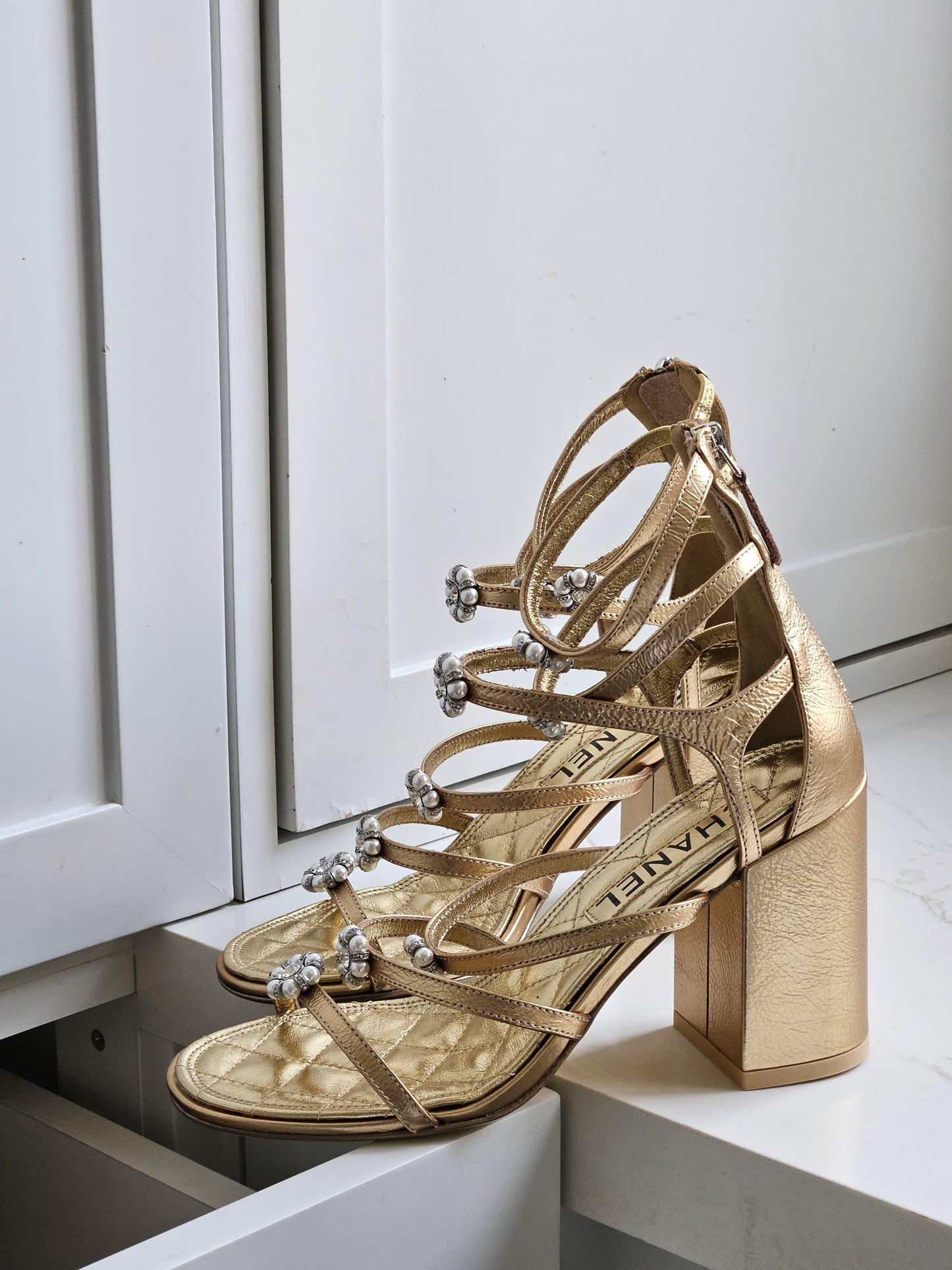 CHANEL Heel Sandals in Laminated Lambskin