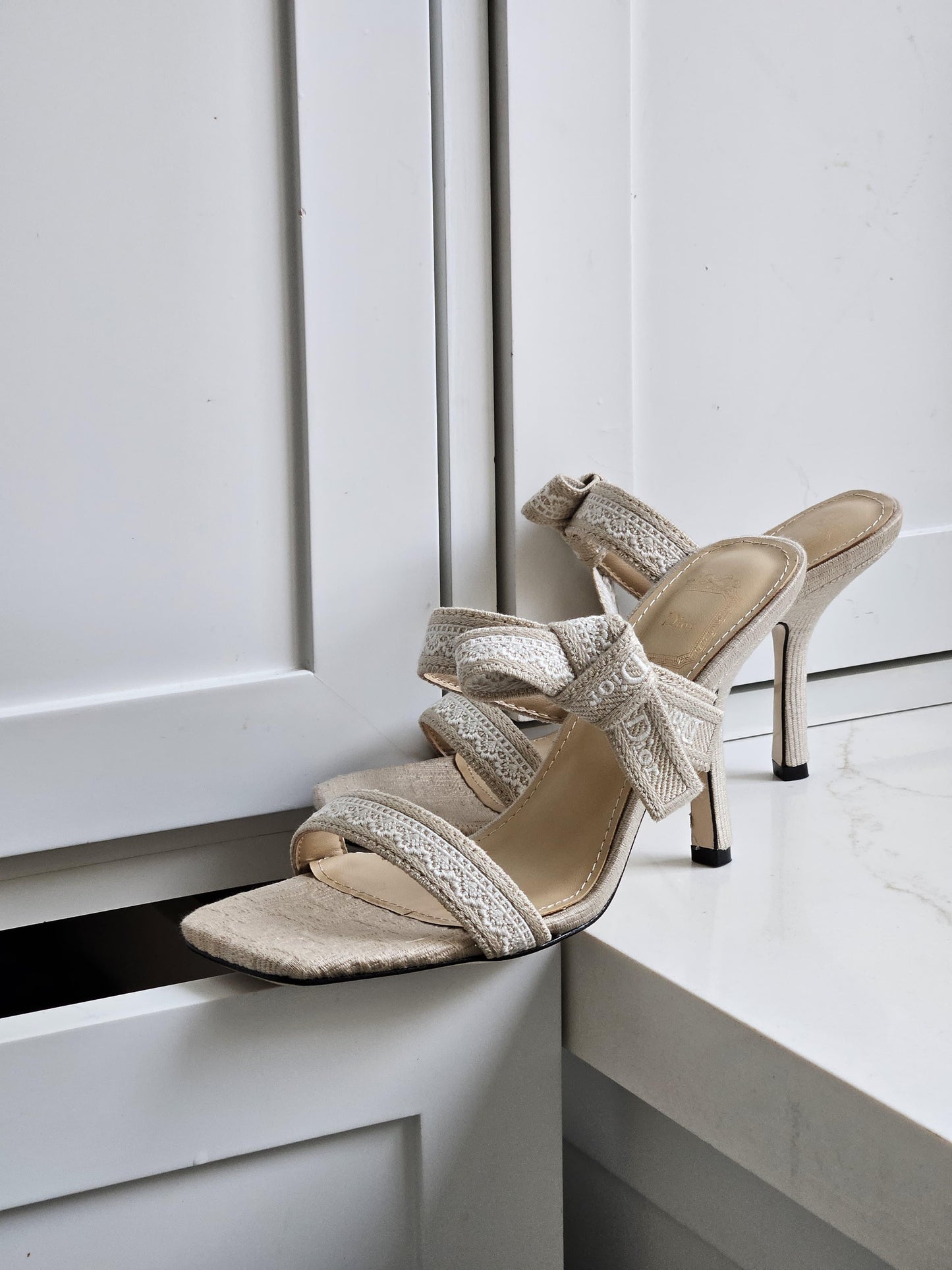 Dior Embroidered Bow Strap Heeled Sandals