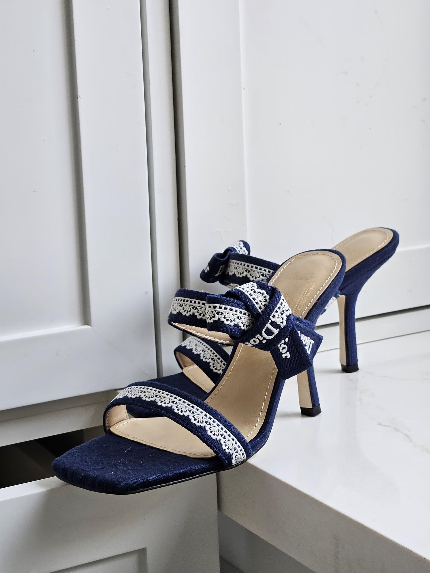 Dior Embroidered Bow Strap Heeled Sandals