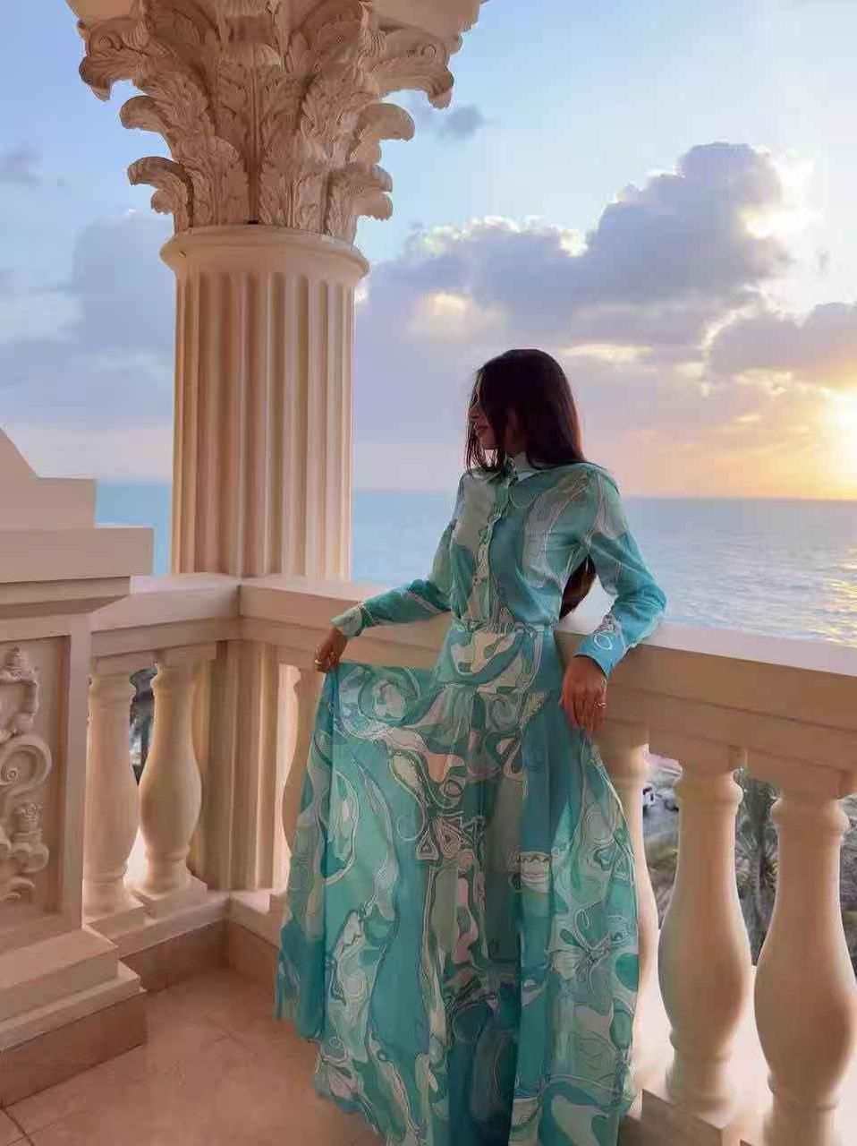 Pucci Printed Long Sleeve Maxi Dress with Flowing Silhouette