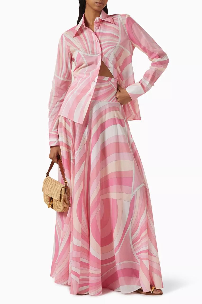 Pucci Printed Long Sleeve Shirt-Style Maxi Dress with Flared Skirt