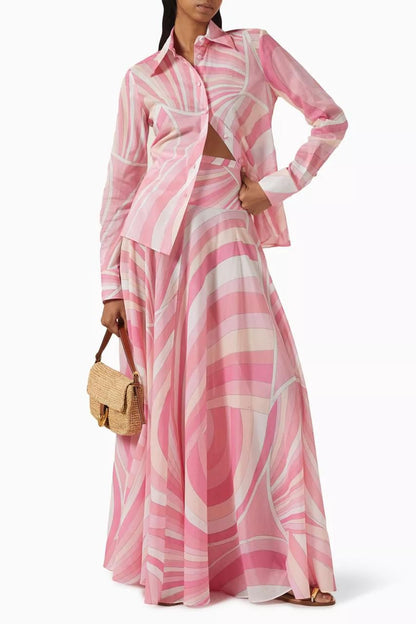 Pucci Printed Long Sleeve Shirt-Style Maxi Dress with Flared Skirt