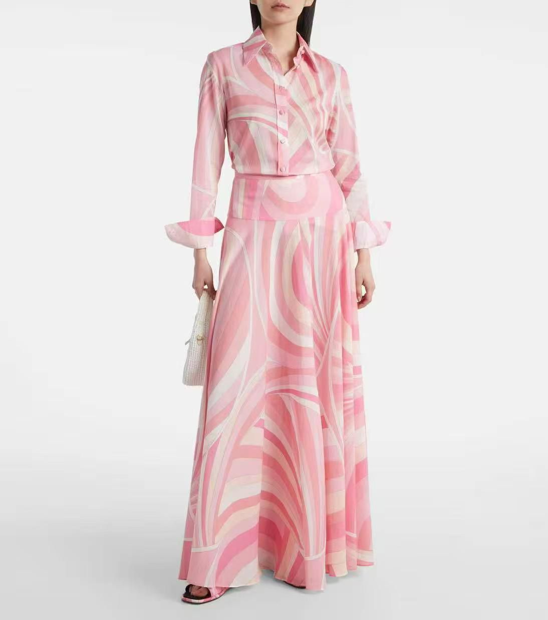 Pucci Printed Long Sleeve Shirt-Style Maxi Dress with Flared Skirt