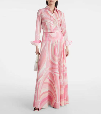 Pucci Printed Long Sleeve Shirt-Style Maxi Dress with Flared Skirt