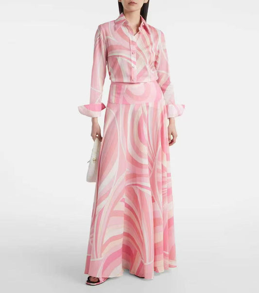 Pucci Printed Long Sleeve Shirt-Style Maxi Dress with Flared Skirt