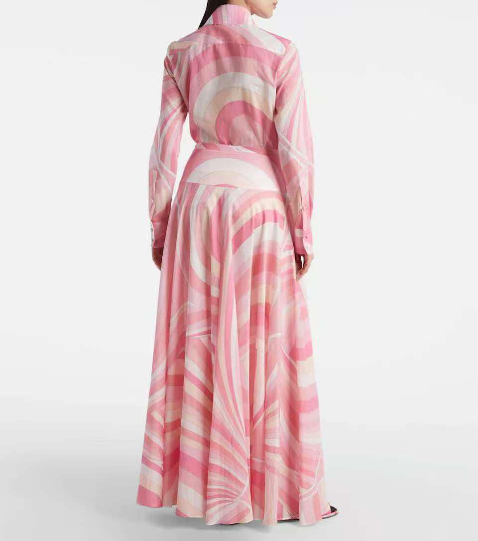 Pucci Printed Long Sleeve Shirt-Style Maxi Dress with Flared Skirt