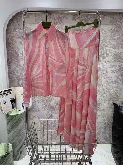 Pucci Printed Long Sleeve Shirt-Style Maxi Dress with Flared Skirt