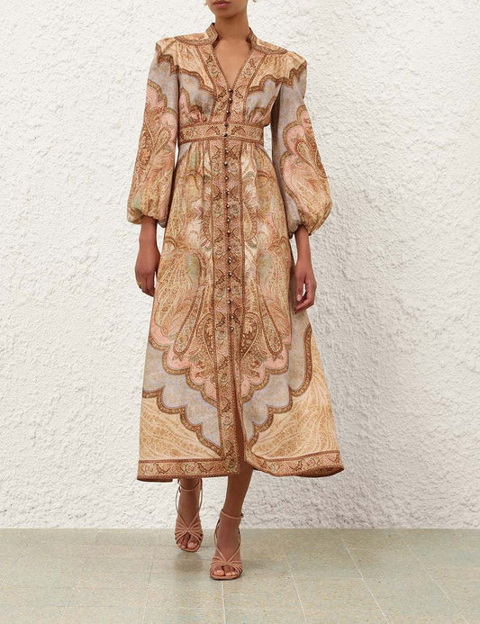 Zimmermann Women Paisley Print Button-Front Long Dress with Belted Waist