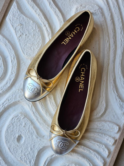 Chanel CC Metallic Cap Toe Flats