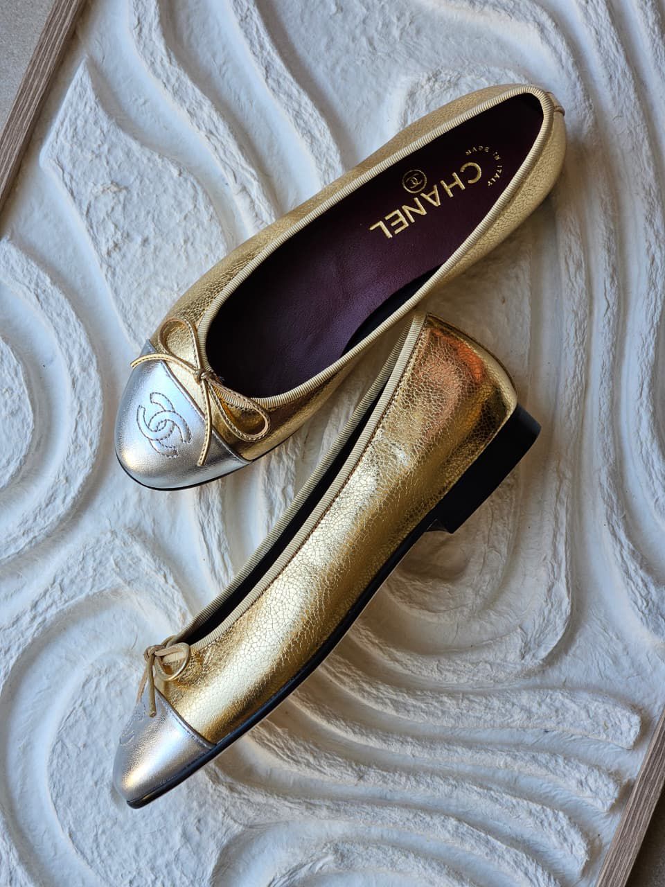 Chanel CC Metallic Cap Toe Flats