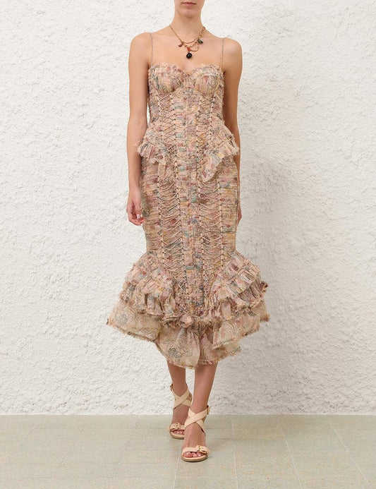 Zimmermann Lace-Up Corset Midi Dress with Ruffle Hem