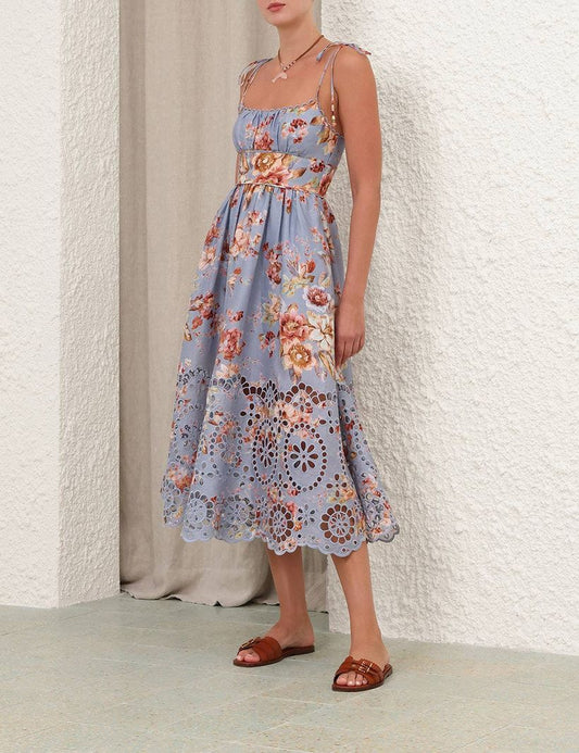 Zimmermann Floral Tie-Shoulder Midi Dress with Broderie Hem