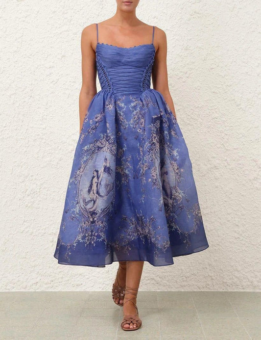 Zimmermann Vintage-Inspired Corset Midi Dress with Printed Skirt