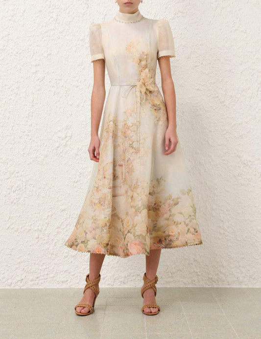Zimmermann Floral High Neck Midi Dress with Puff Sleeves