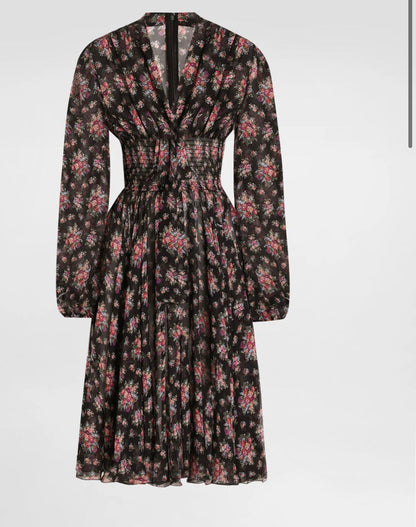 Dolce & Gabbana Floral Print Chiffon Smocked Waist Short Dress